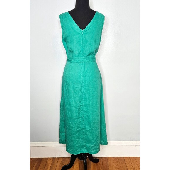 NICOLE MILLER 100% Linen Dress 6 Kelly Green Pockets V Neck Sleeveless Belted - Picture 5 of 8